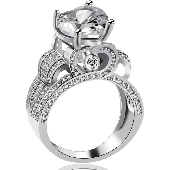 🆕 Women Silver Cubic Zirconia Ring Platinum Big Love Heart Statement Engagement - Picture 3 of 7